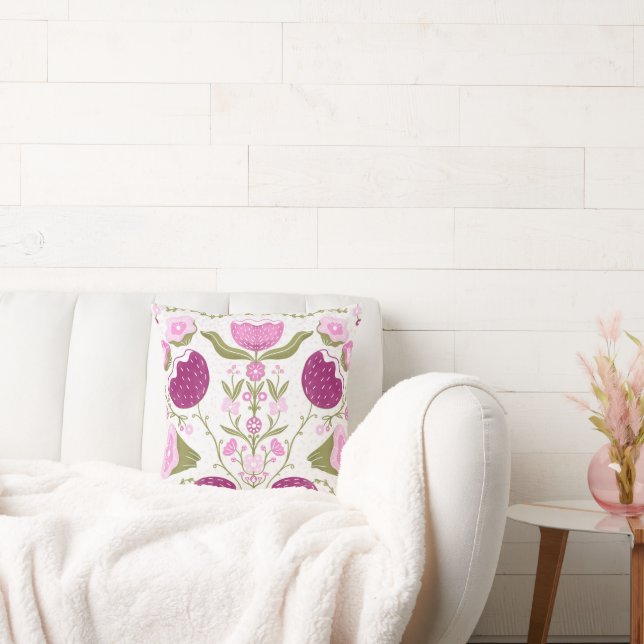Almofada Folk Floral Throw – Pink & Burgundy Botanic. (Sofá)