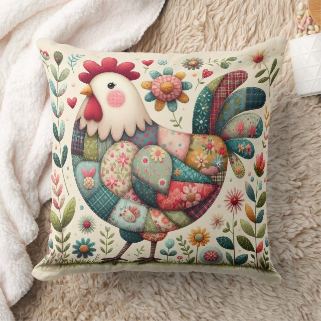 Almofada Folk Patchwork Rooster com Acentos Florais (Cobertor)