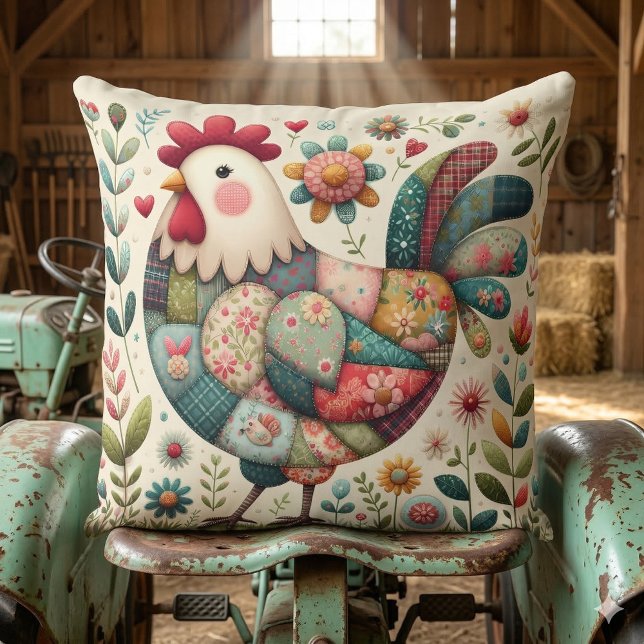 Almofada Folk Patchwork Rooster com Acentos Florais (Folk Patchwork Rooster with Floral Accents Throw Pillow Mockup D)