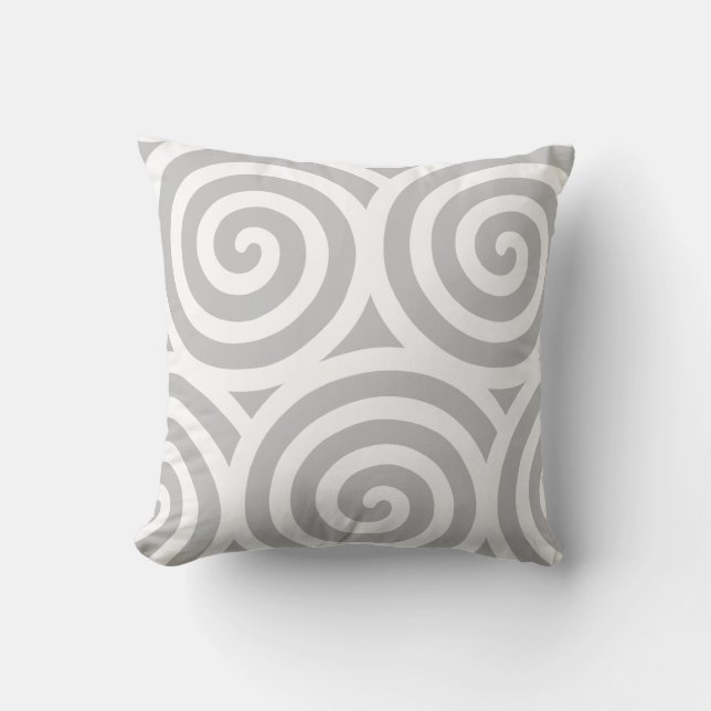 Almofada Forma Geométrica Espiral Abstrata em Cinza e Branc (Frente)