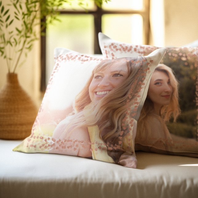 Almofada Foto da borda do coração Dourado rosa (Rose Gold Hearts Border Photo Throw Pillow)