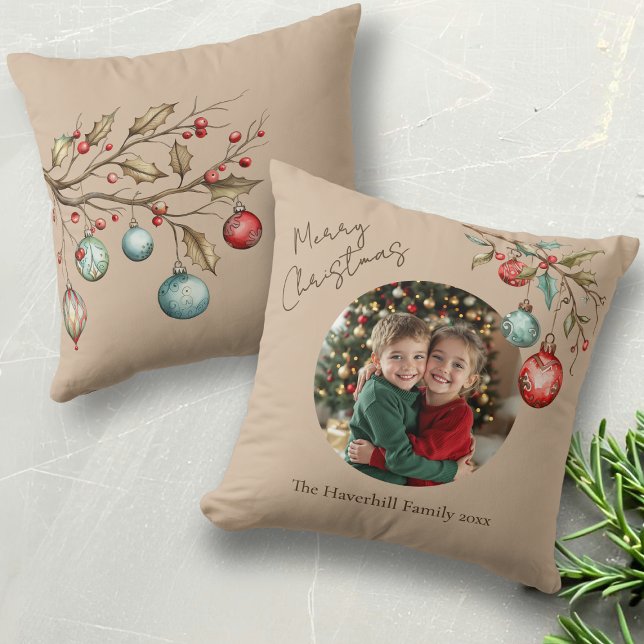 Almofada Foto da família bonita Beige Travesseiro decorativ (Family photo with watercolor ornaments pillow with beige background.)