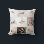 Almofada foto de aniversário floral rosa elegante<br><div class="desc">o pequeno convite para colagem de fotos rosa e roxo,  do aniversário da abóbora. Design de texto de script moderno. Parte de uma coleção. adicione as suas fotografias e os seus filhos à idade para personalizar completamente</div>