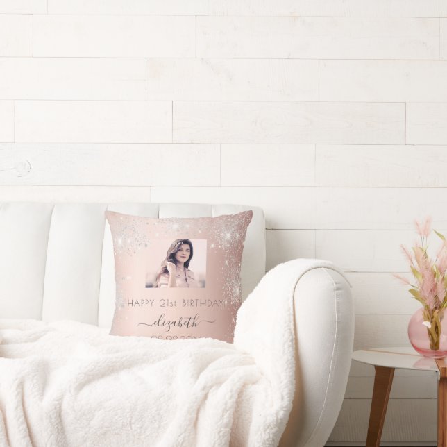 Almofada Foto de aniversário rosa dourado dourado dourado d (Sofá)