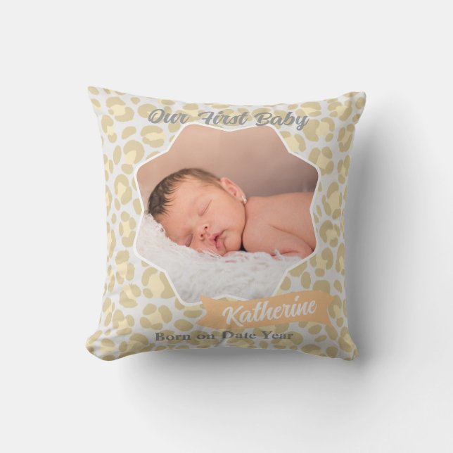 Almofada Foto de Bebê Amarelo Cinza Pastel Leopardo (Frente)