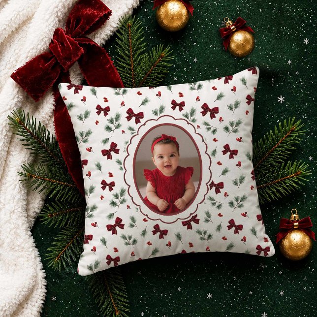 Almofada Foto de Natal com Laço Vermelho (Christmas Red Bow and Photo Decorative Pillow)