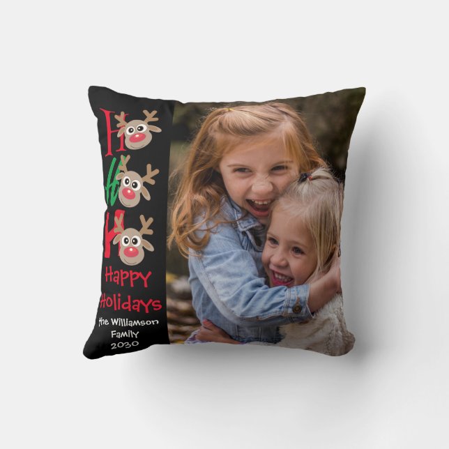 Almofada Foto de Natal Ho Ho Cartoon Reindeer Black (Verso)