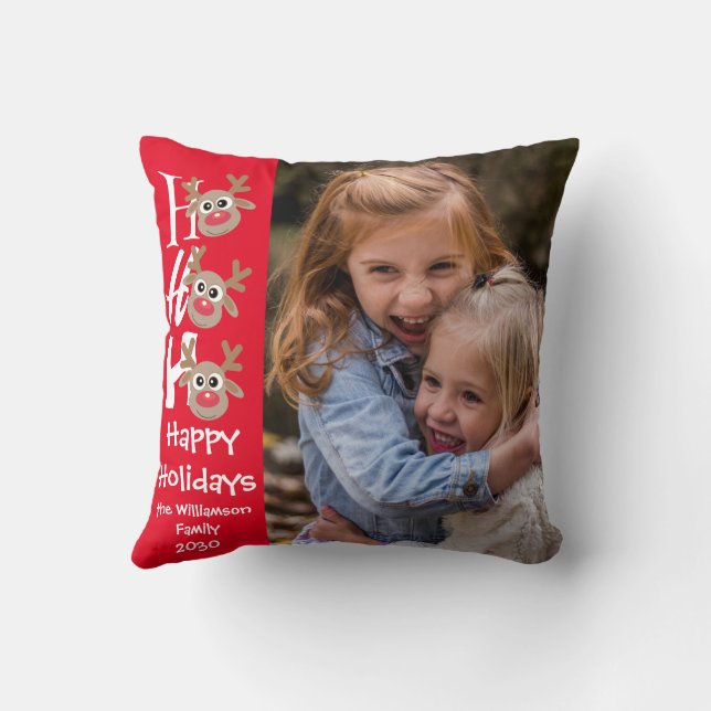 Almofada Foto de Natal Ho Ho Cartoon Reindeer Black (Verso)