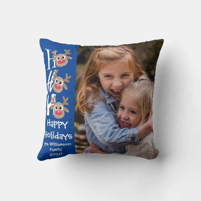 Almofada Foto de Natal Ho Ho Cartoon Reindeer Blue (Verso)
