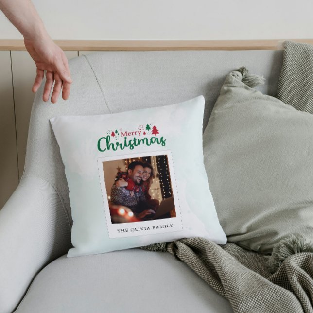 Almofada Foto de Natal Moderno e Feliz Personalizada (Modern Merry Christmas Photo Personalized Throw Pillow)