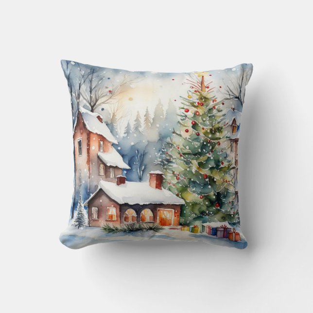 Almofada Foto de neve da vila de Natal (Frente)