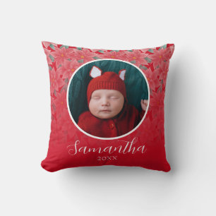 Almofada Foto do Bebê Personalizada de Poinsettia de Natal