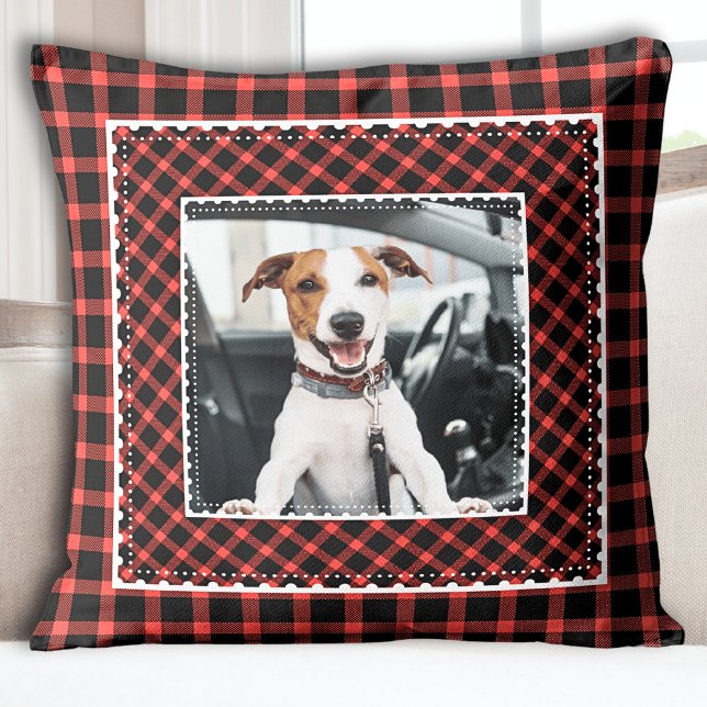 Almofada Foto do cão Xadrez Vermelho Festivo (Red Plaid Kids Photo Holiday Christmas Throw Pillow)