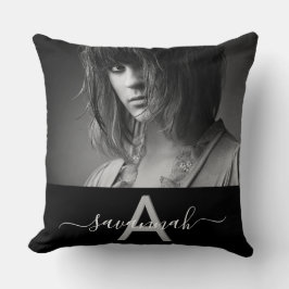 Almofada Foto do monograma de nome branco preto