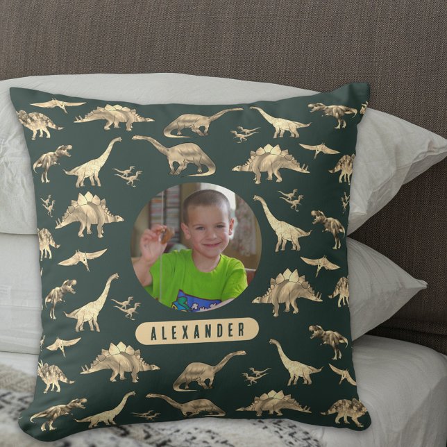 Almofada Foto e nome do Dinossaur Personalizado Boys (Dinosaur pattern personalized name and photo boys brown & dark green pillow T-Rex velociraptor dinos)