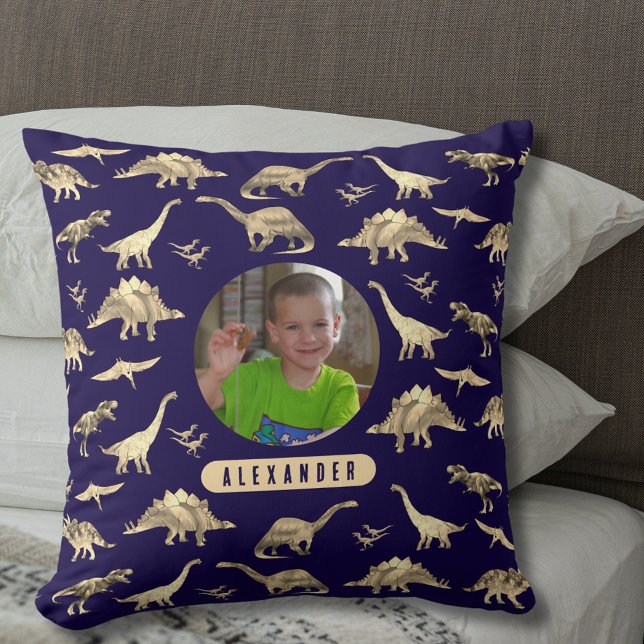 Almofada Foto e nome do Dinossaur Personalizado Boys (Dinosaur pattern personalized name and photo navy blue pillow T-Rex velociraptor stegosaurus dinos)