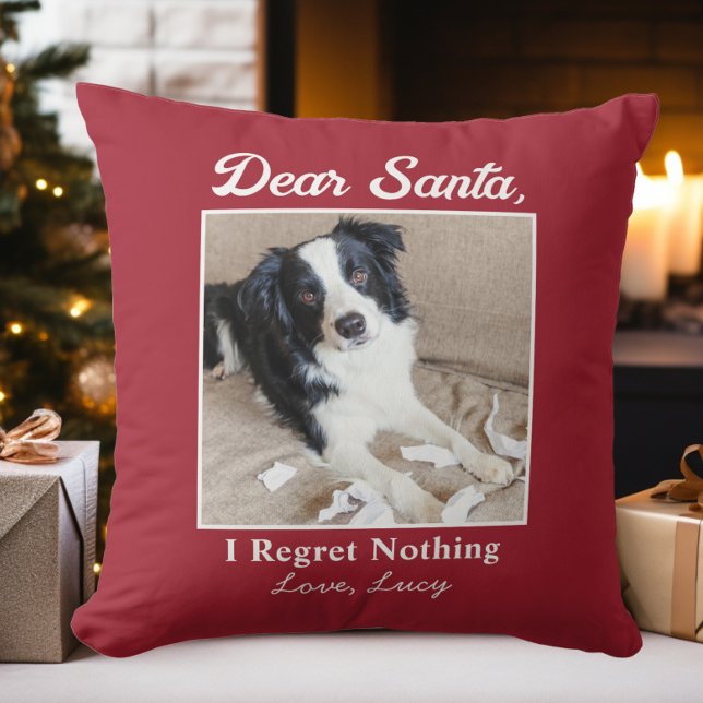 Almofada Foto engraçada de Natal do cachorro gato querido P (Funny Dear Santa Pet Dog Cat Christmas Photo Throw Pillow)