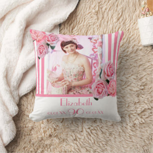 Almofada Foto floral de listras brancas cor-de-rosa-90 de a