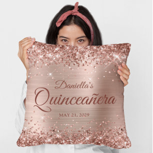 Almofada Foto Glamurosa de Quinceanera em Dourado Rosa Bril
