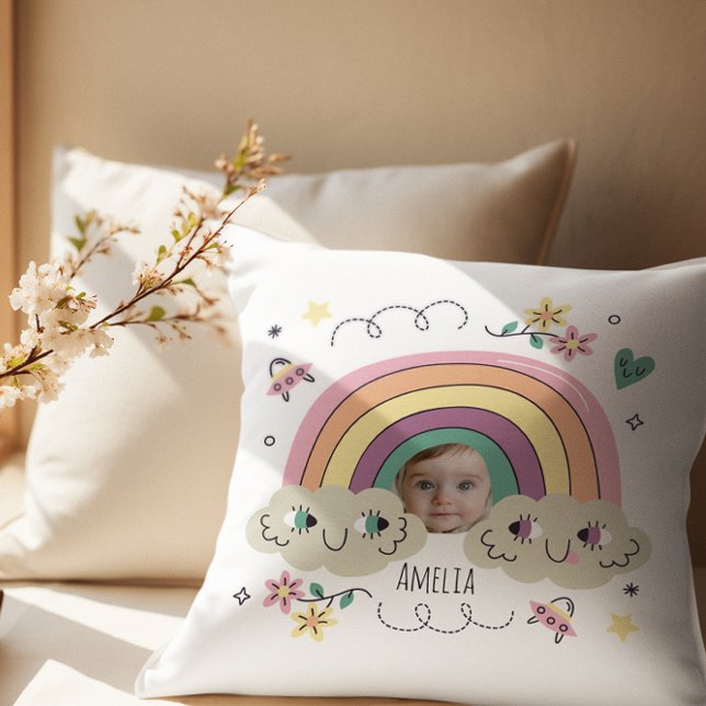 Almofada Foto & Nome Personalizados do Bebê em Arco-íris (Criador carregado)