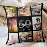 Almofada Foto personalizada de aniversário - coluna negra<br><div class="desc">Um presente único para um aniversário de 50 anos (ou qualquer idade), celebrando sua vida com uma colagem de 8 fotos, fotos. Personalize e adicione seu nome, 50 anos e uma data. Um fundo preto chic. Cinzas e letras brancas e números. O nome é escrito com um moderno estilo escrito...</div>