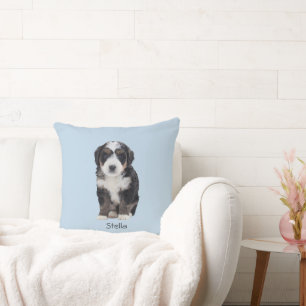 Almofada Foto personalizada de cão - Azul em pó com nome de