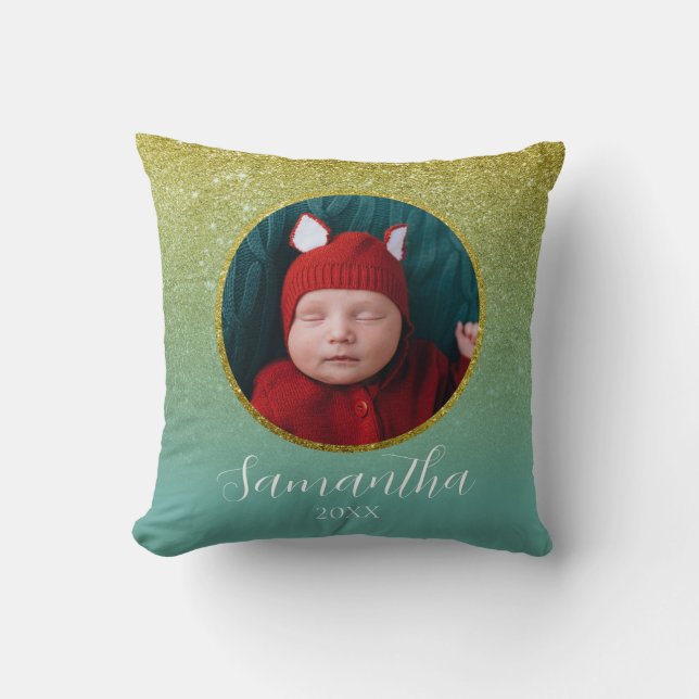Almofada Foto personalizada de Natal Dourado verde (Frente)