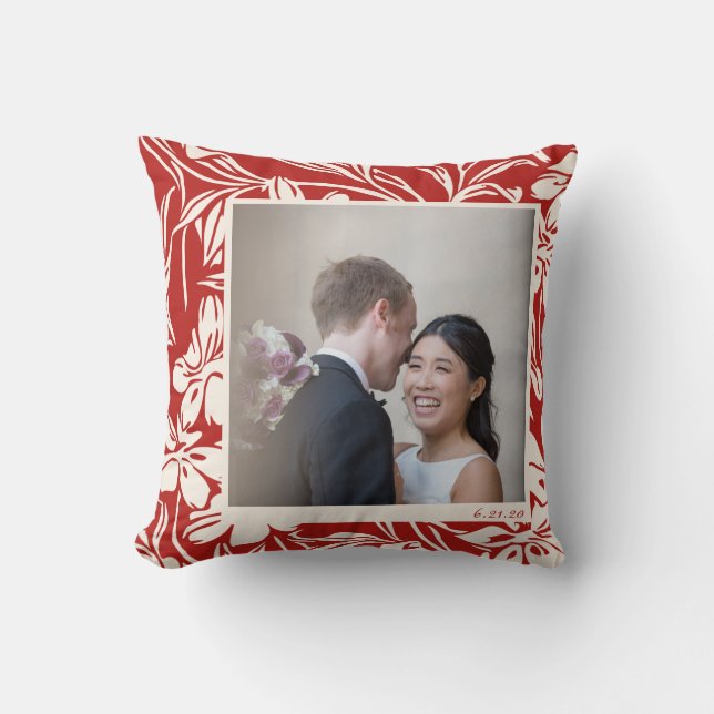 Almofada Foto Personalizada De Padrão Floral Vermelho Elega (Frente)