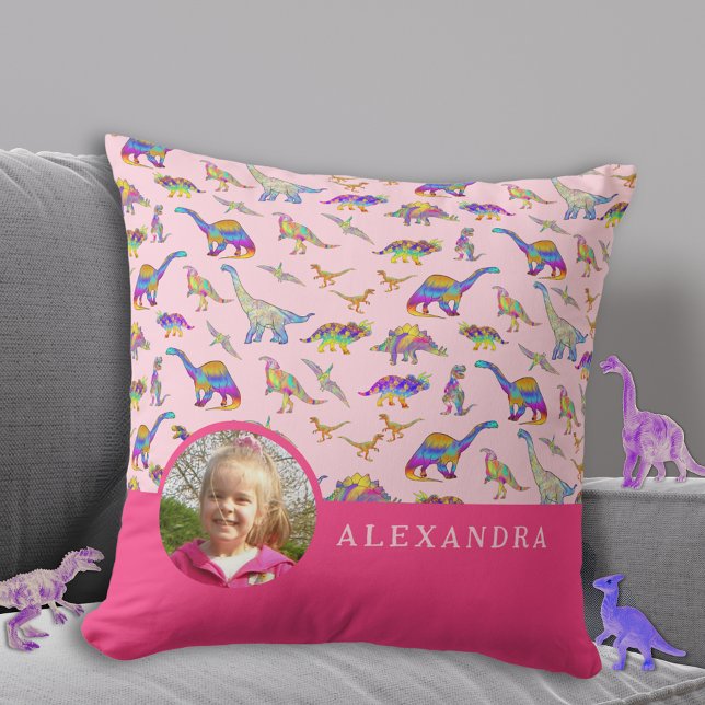 Almofada Foto personalizada do Dinossaur e nome rosa (Colorful dinosaur personalized photo and name pink pillow Custom dino kids bedroom decor)