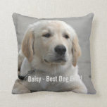 Almofada Foto personalizada e nome do cão do golden<br><div class="desc">Personalize esta lembrança do cão do golden retriever com sua foto do cão ou do filhote de cachorro e nome (ou a outra foto do animal de estimação ou da pessoa/nome). O texto lê o "melhor cão nunca" ou adiciona seu próprio texto - nós amamos a margarida (o nome do...</div>