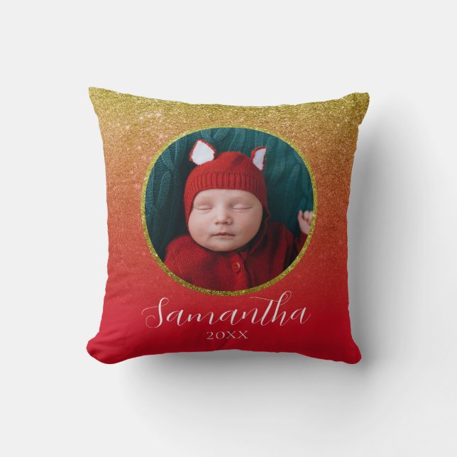 Almofada Foto Personalizada para Bebê do Natal Dourado Verm (Frente)