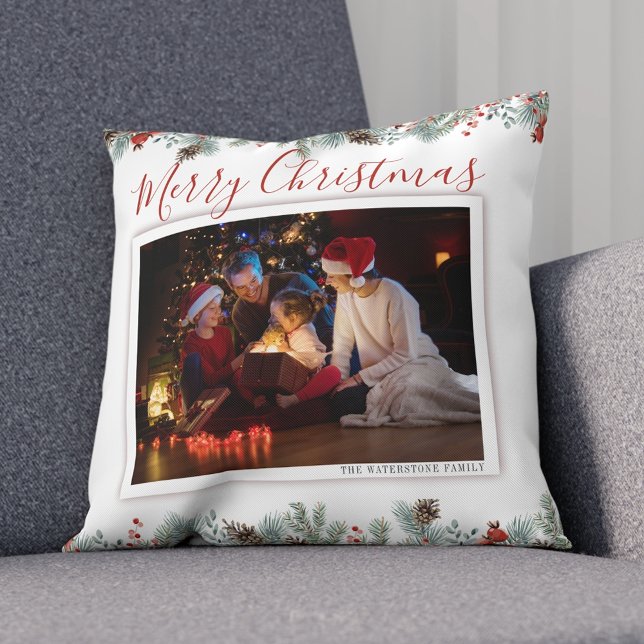 Almofada Foto Russo da Família de Feliz Natal Moderno (Christmas Photo Family Botanical Throw Pillow)
