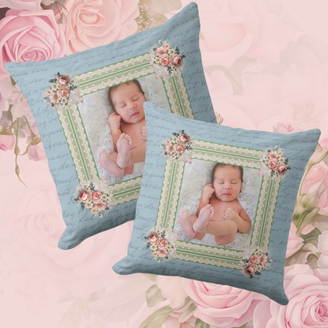 Almofada Foto Vintage Damask Faded Vitoriano  (Personalize with photo of your choice!)