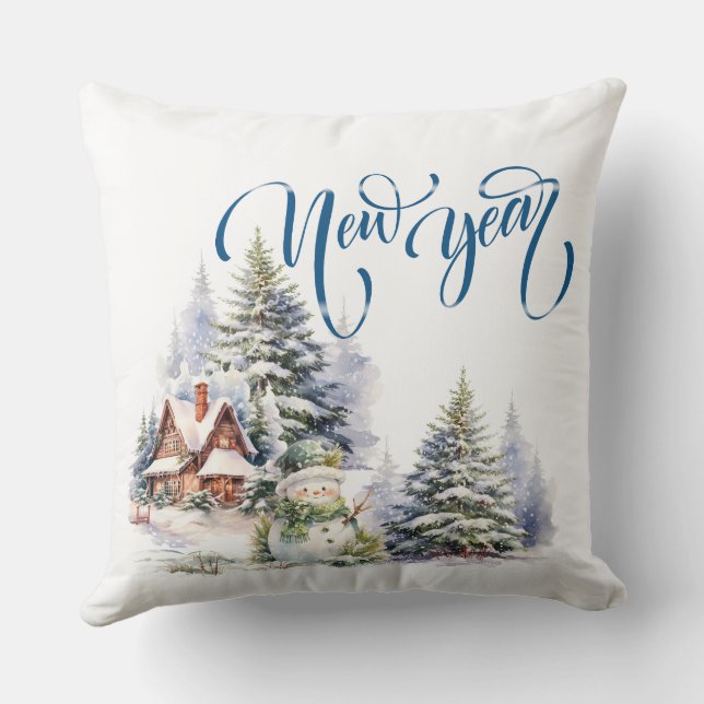 Almofada Fotos de Férias no Estilo Azul do Ano Novo (Verso)