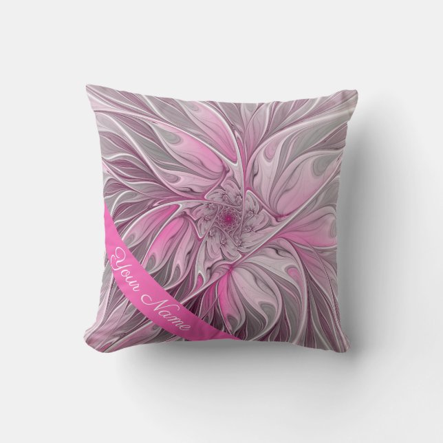 Almofada Fractal Pink Flower Dream, floral Fantasy Art Name (Frente)