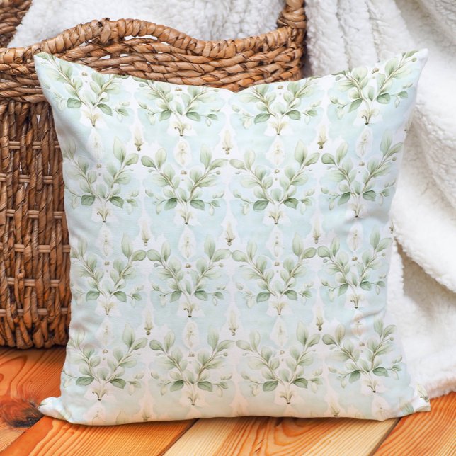 Almofada Fragmento Azul Suave Elegante Fritual de marfim (Elegant Soft Blue Sage Ivory Floral Botanical Throw Pillow)