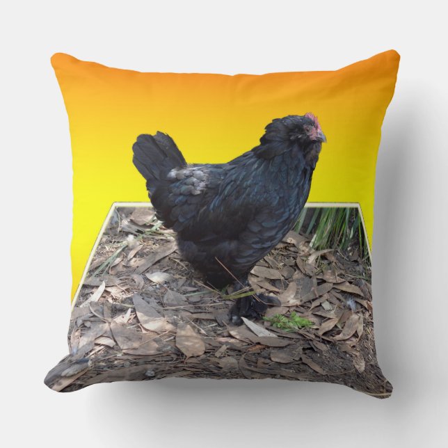 Almofada Frango Fluffy Preto Em Cushion Amarelo. (Frente)