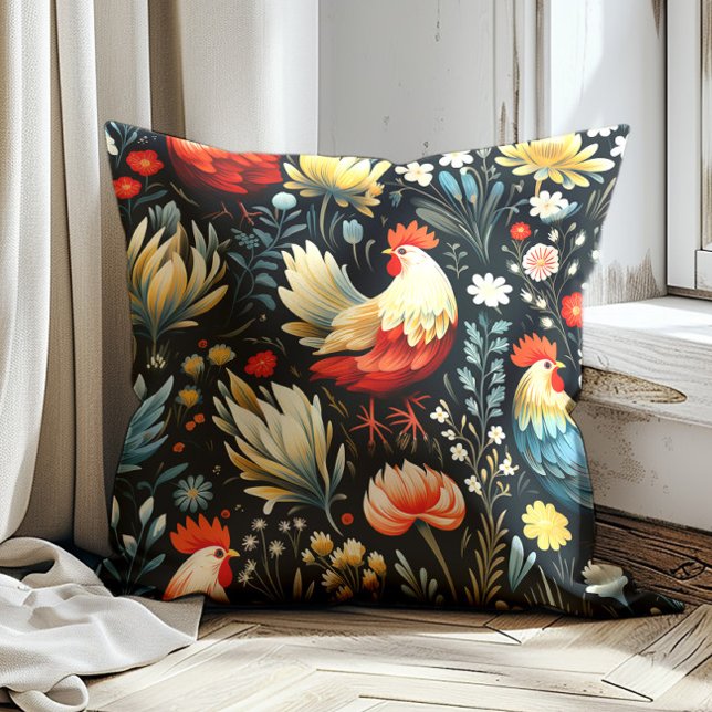 Almofada Frango Galo Flores Preto Fazenda  (Red and cream-colored rooster on black decorator pillow)