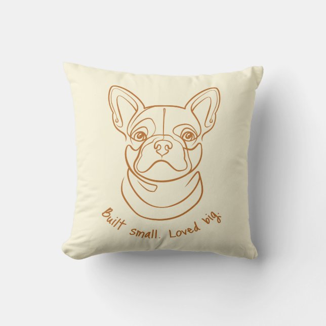 Almofada French Bulldog Line Art. Built Small. Loved Big. (Frente)
