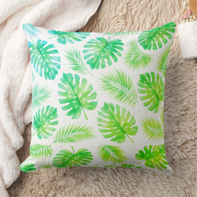 Almofada Fresh Green Monstera and Palm Leaves Watercolor (Cobertor)