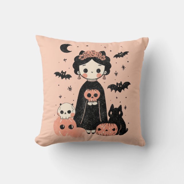 Almofada Frida Kahlo Pink Pasteloentre Spooky Cute Hallowee (Frente)