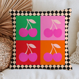 Almofada Frutas de Cereja Rosa em Padrão Xadrez Pop Art