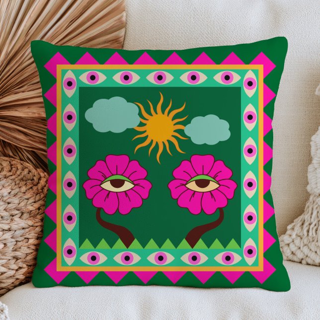 Almofada Fuchsia Rosa e Verde Esmeralda Olhos do Mal Funky  (Criador carregado)
