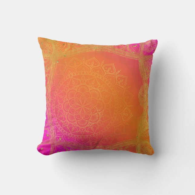 Almofada Fuchsia Rosa Laranja & Dourado Glam Mandala Indian (Frente)