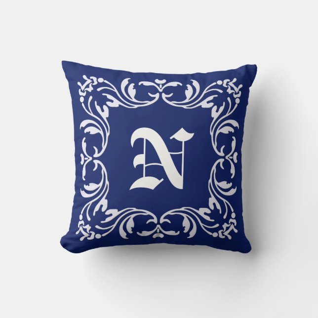 Almofada Fundo azul Marinho simples | Monograma Damask (Frente)