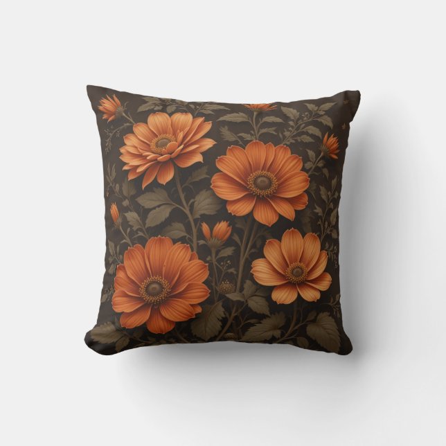 Almofada Fundo castanho escuro e flores laranja queimadas (Frente)