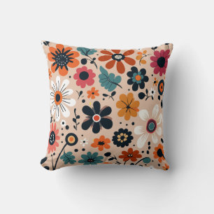 Almofada Fundo do Beige Padrão das Flores Pretas Laranja