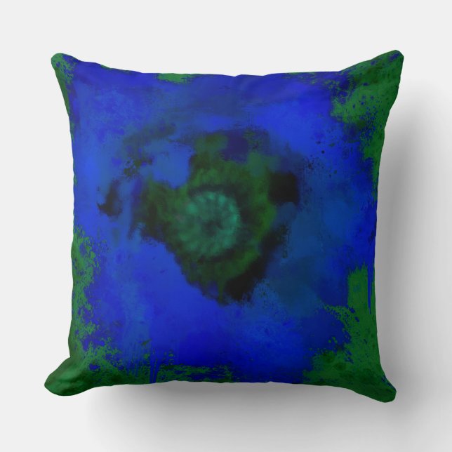 Almofada Fundo Verde de Pintura com Flor Azul (Frente)