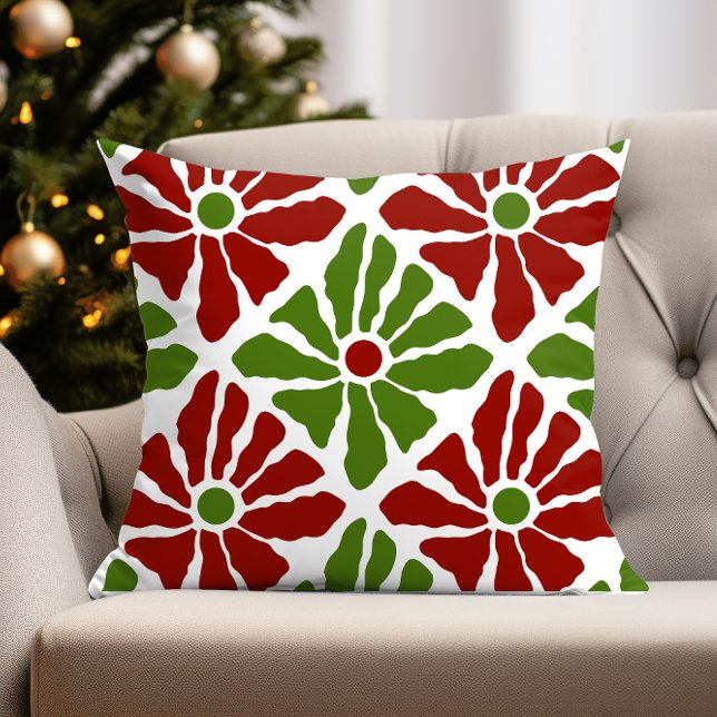 Almofada Funky Boho Christmas Poinsettia Flores Vermelhos (bold boho christmas floral pillow)