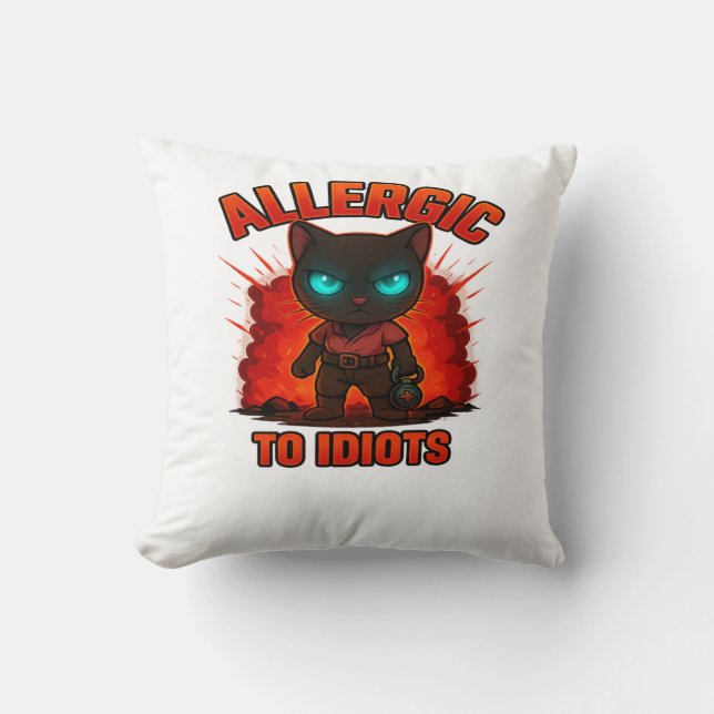 Almofada Funny Cat Shirt – “Allergic to Idiots” (Frente)